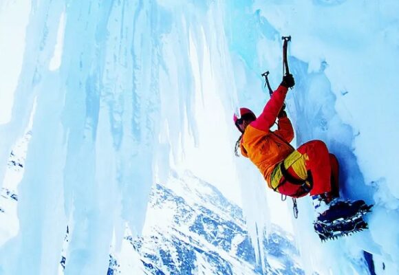 Dangerous Ice Climbing . New Variation in Swiss Alps
